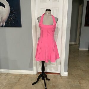 New Women Medium Pink Backless Halter neck Skater dress